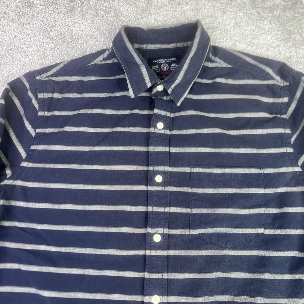 American Eagle Shirt Men's Large Blue Prep Fit Striped Button Down Long Sleeve
